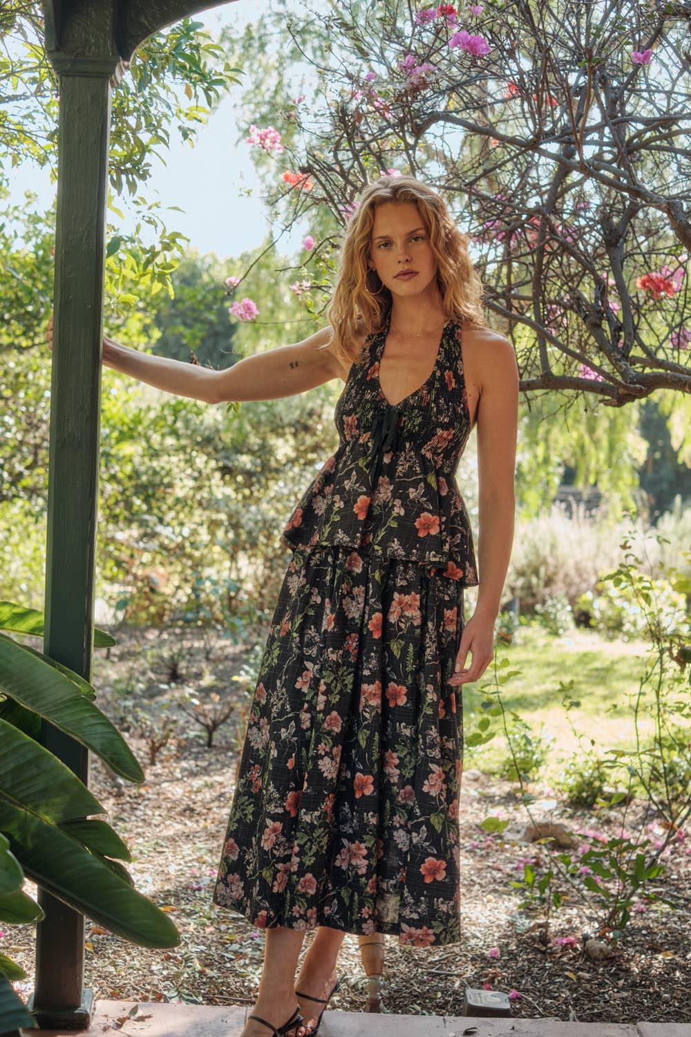 Floral Check-Print Smocked Babydoll Halter Top by Promesa USA