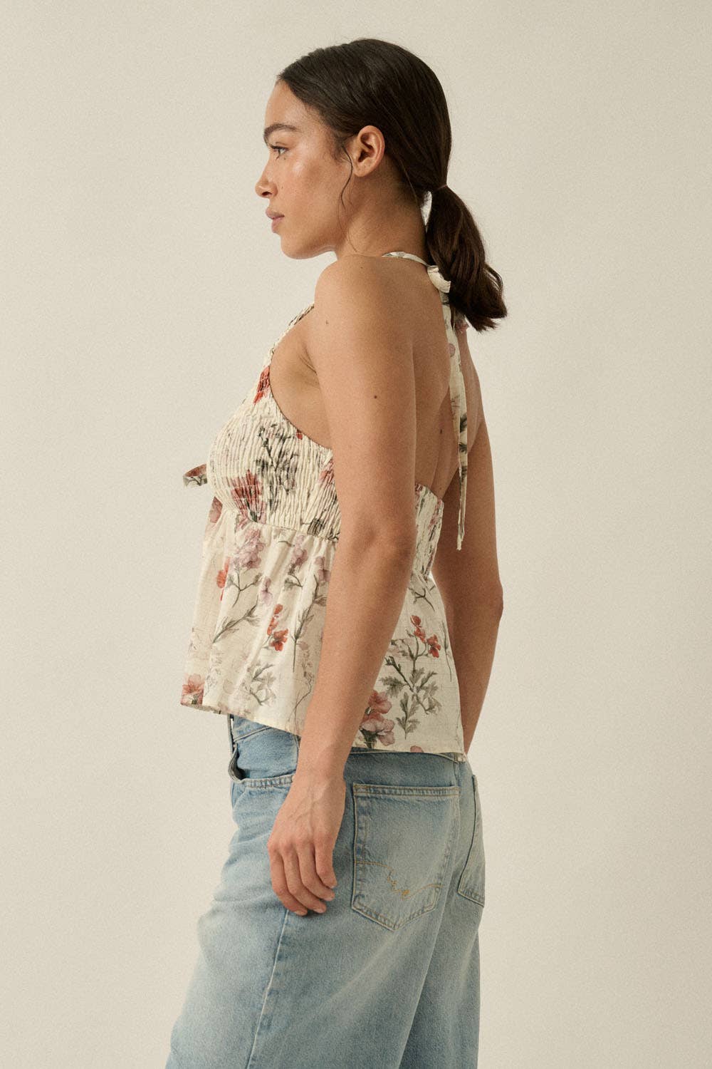 Floral Check-Print Smocked Babydoll Halter Top by Promesa USA