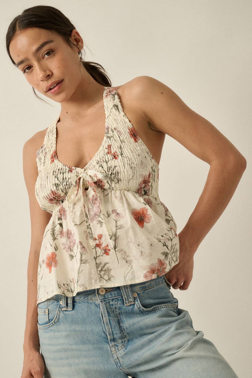 Floral Check-Print Smocked Babydoll Halter Top by Promesa USA