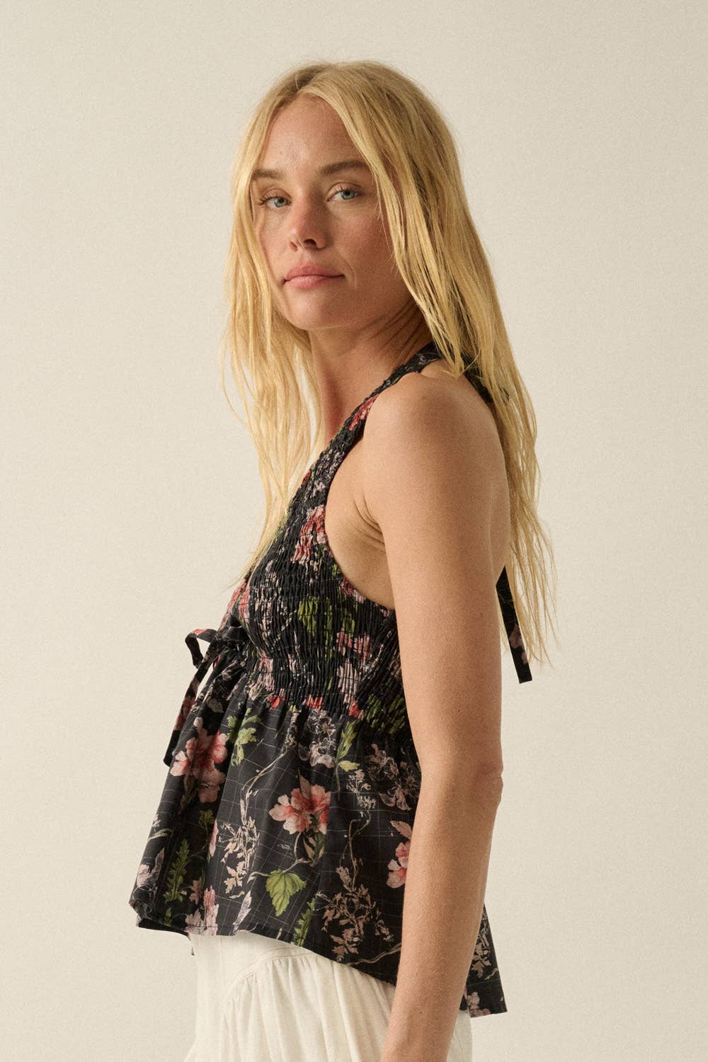 Floral Check-Print Smocked Babydoll Halter Top by Promesa USA