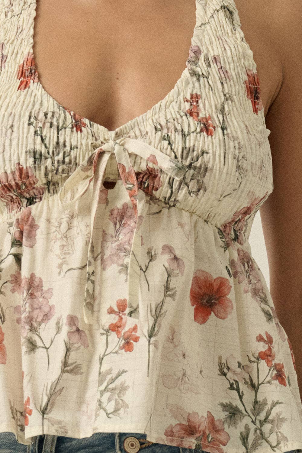 Floral Check-Print Smocked Babydoll Halter Top by Promesa USA
