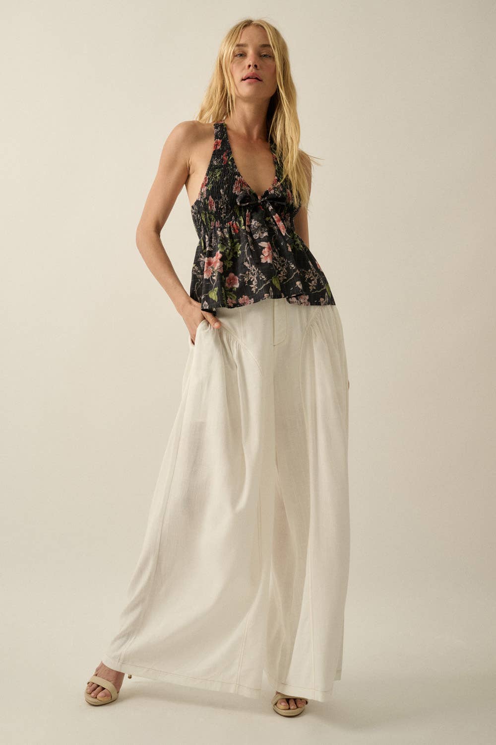 Floral Check-Print Smocked Babydoll Halter Top by Promesa USA