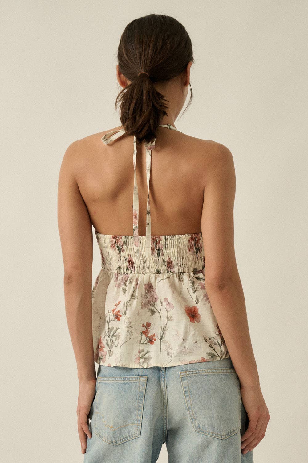 Floral Check-Print Smocked Babydoll Halter Top by Promesa USA