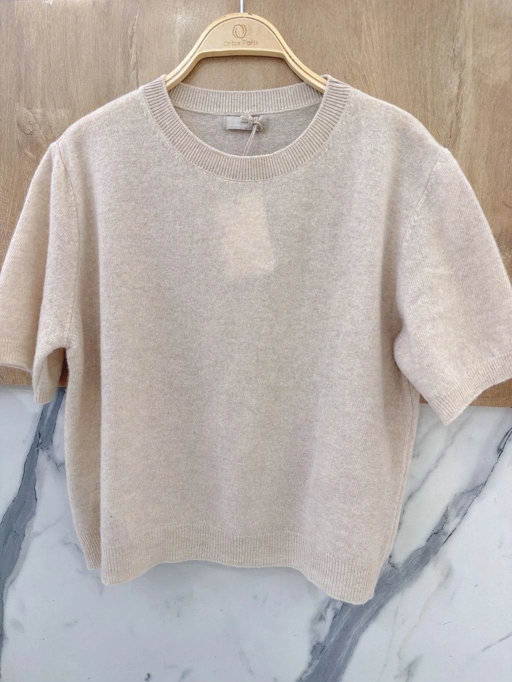 100% Wool Soft Knit Short-Sleeve Sweater – Beige