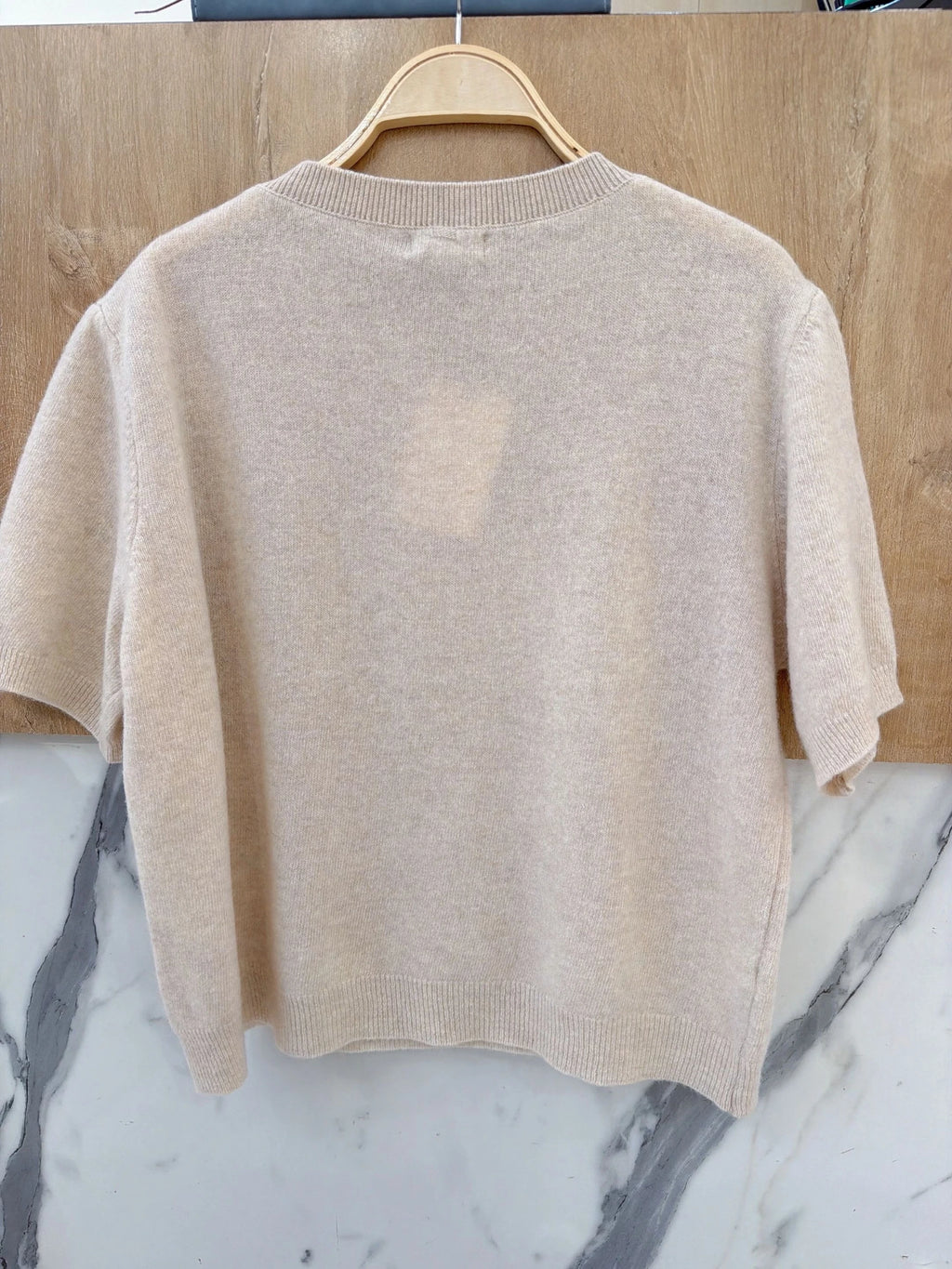 100% Wool Soft Knit Short-Sleeve Sweater – Beige