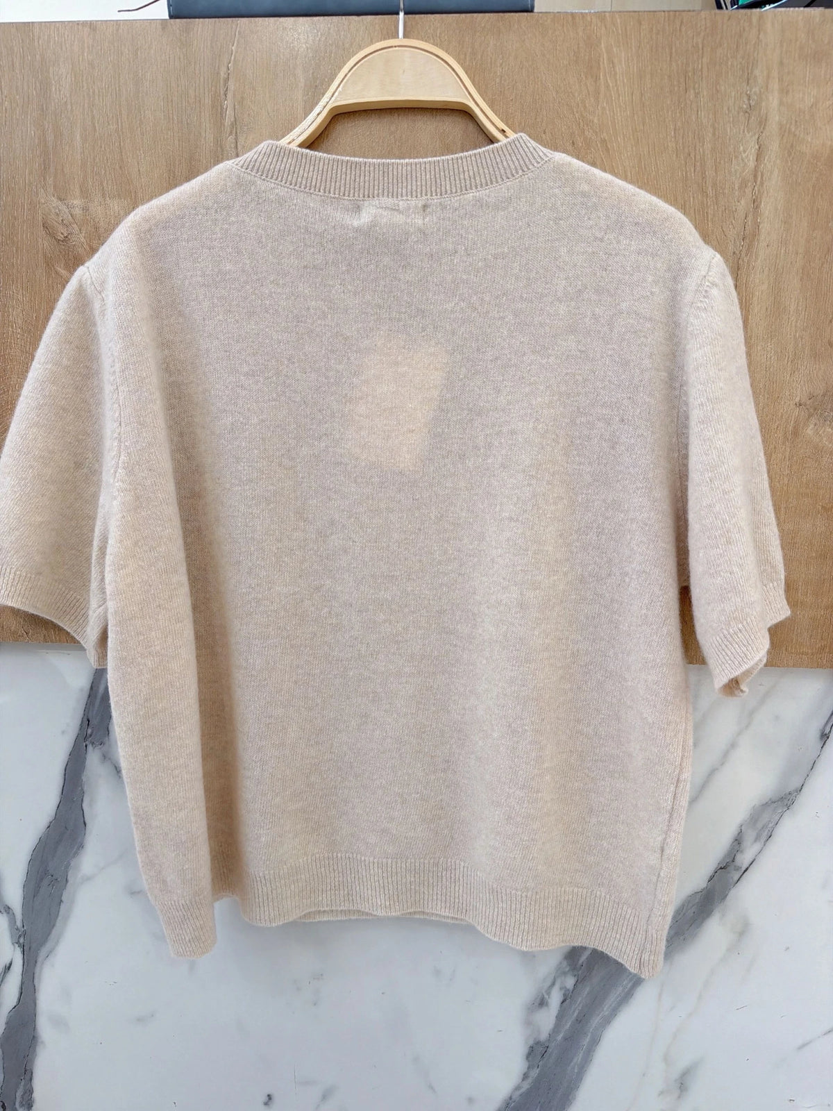 100% Wool Soft Knit Short-Sleeve Sweater – Beige