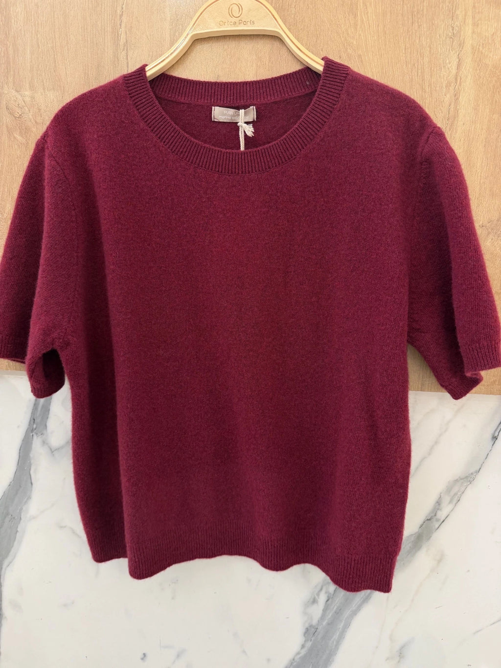 100% Wool Soft Knit Short-Sleeve Sweater – Burgundy