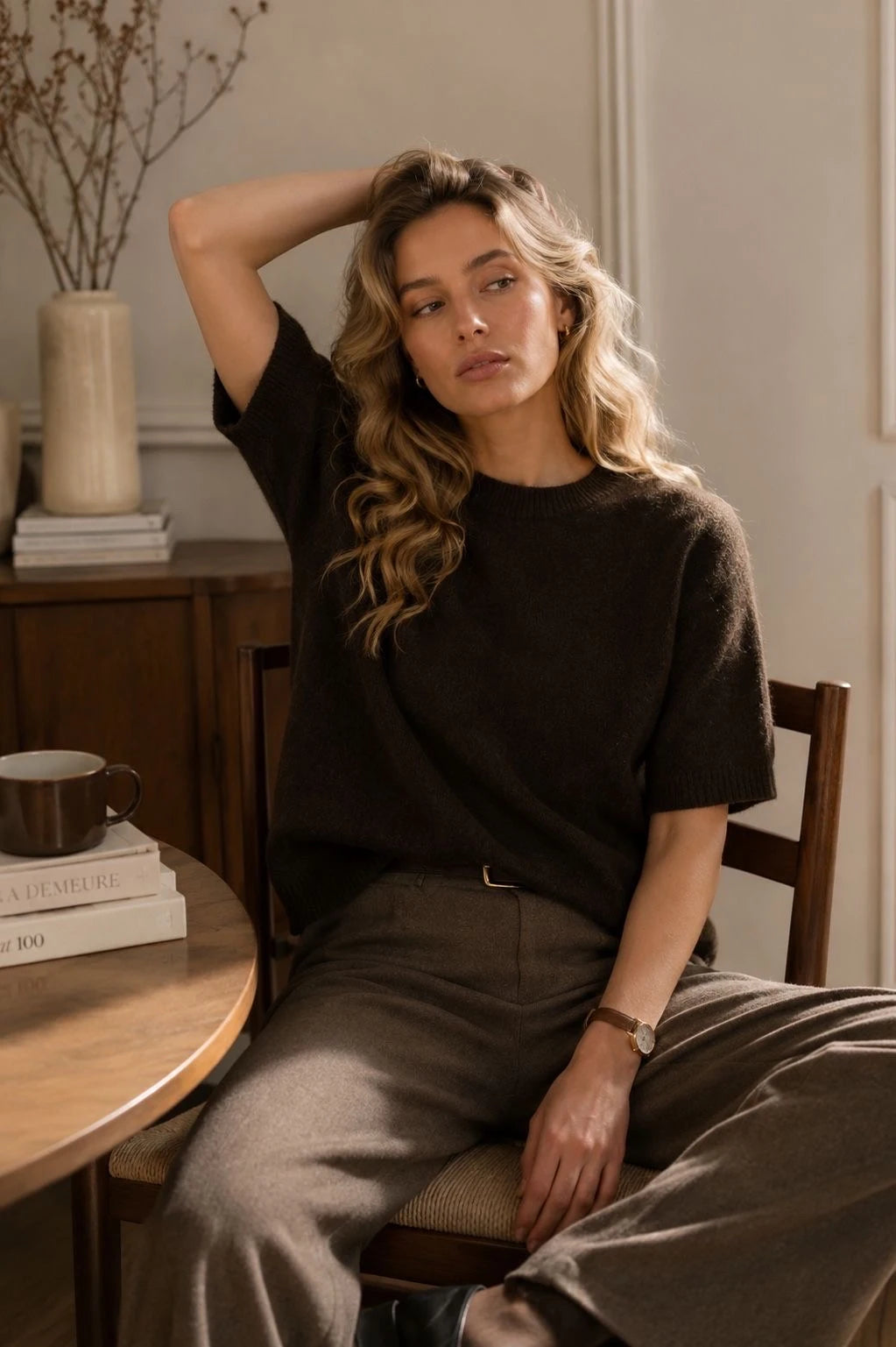 100% Wool Soft Knit Short-Sleeve Sweater – Chocolate
