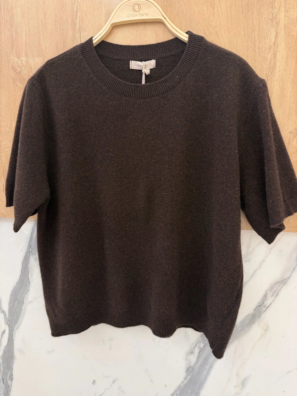 100% Wool Soft Knit Short-Sleeve Sweater – Chocolate