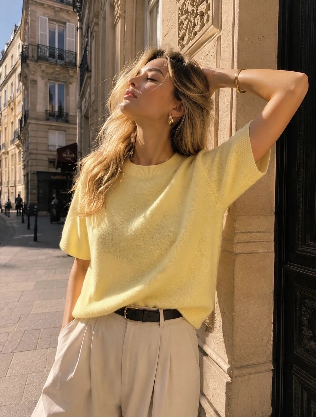 100% Wool Soft Knit Short-Sleeve Sweater – Yellow