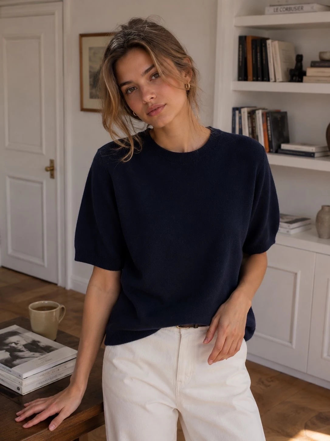 100% Wool Soft Knit Short-Sleeve Sweater – Navy