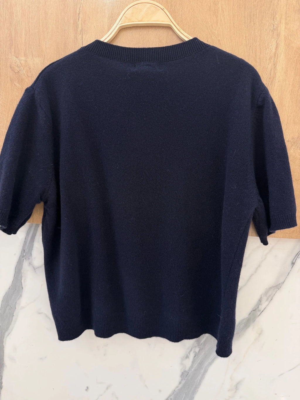 100% Wool Soft Knit Short-Sleeve Sweater – Navy