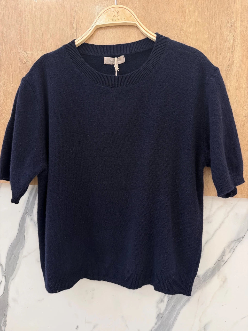 100% Wool Soft Knit Short-Sleeve Sweater – Navy